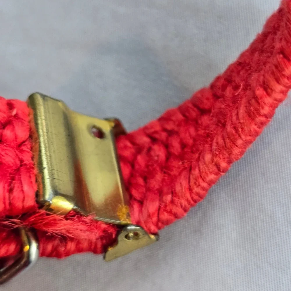 Vintage Red Woven Stretchy Braided Belt Gold Tone Buckle Leather Trim 34